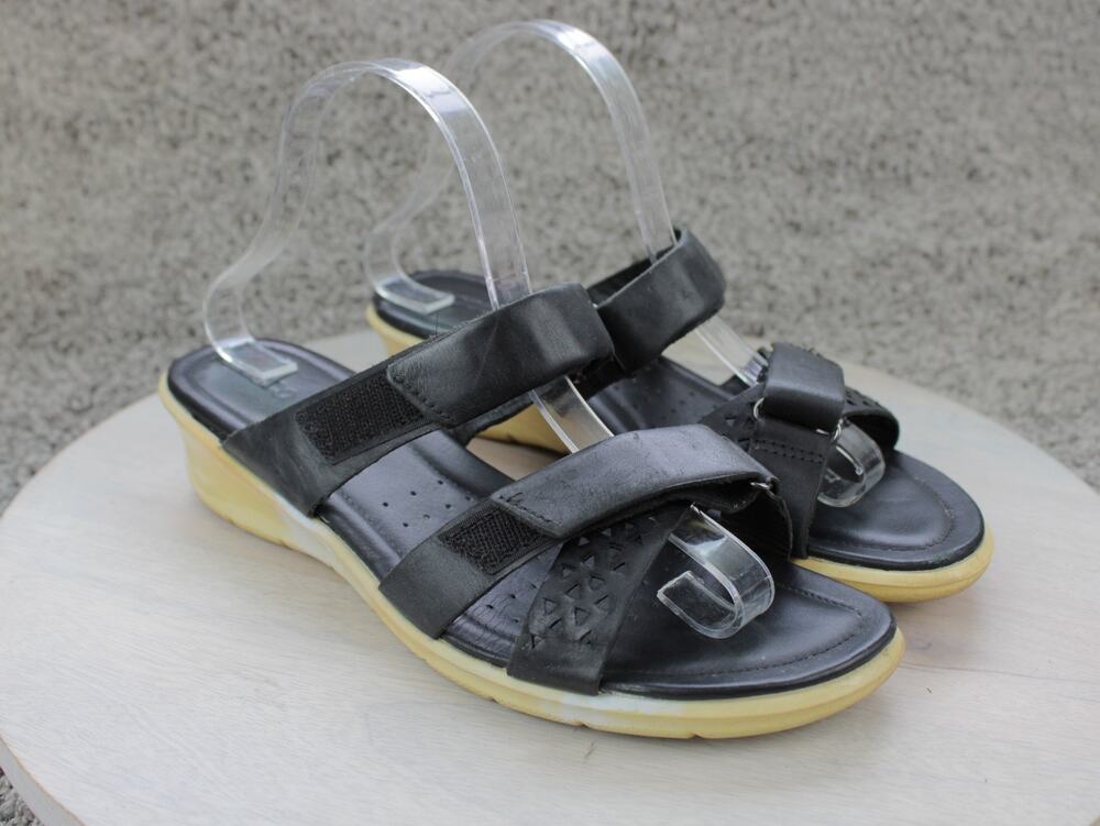 ECCO Black Leather Felicia Wedge Slide Sandals Womens 10